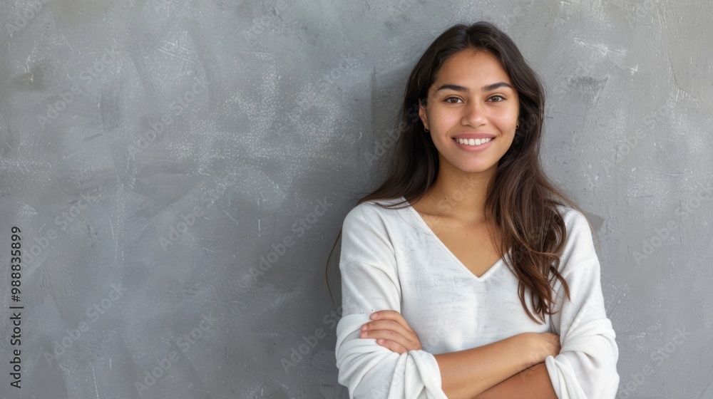 A young woman with long hair smiles warmly against a modern gray background, her arms crossed and demeanor relaxed and reassuring. A young woman with long hair smiles warmly against a modern gray background, her arms crossed and demeanor relaxed and reassuring.