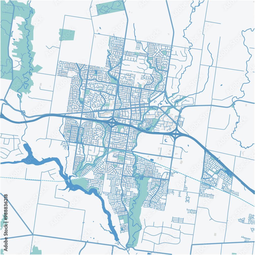 Map of Melton in Australia in a professional blue style. Contains layered vector with roads water, parks, etc.