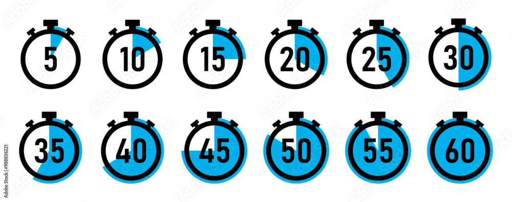 Stopwatch timer countdown clock set with 5 to 60 minutes in blue color on white background. Timer set vector icon collection. 5 minutes timer set. Cooking time vector. Countdown timer symbol set. Stopwatch timer countdown clock set with 5 to 60 minutes in blue color on white background. Timer set vector icon collection. 5 minutes timer set. Cooking time vector. Countdown timer symbol set.