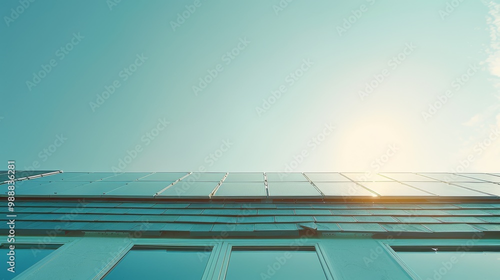 Obraz premium Viewed from below, the bright sun peeks over the sleek, reflective surface of a building covered in solar panels, set against a clear blue sky.