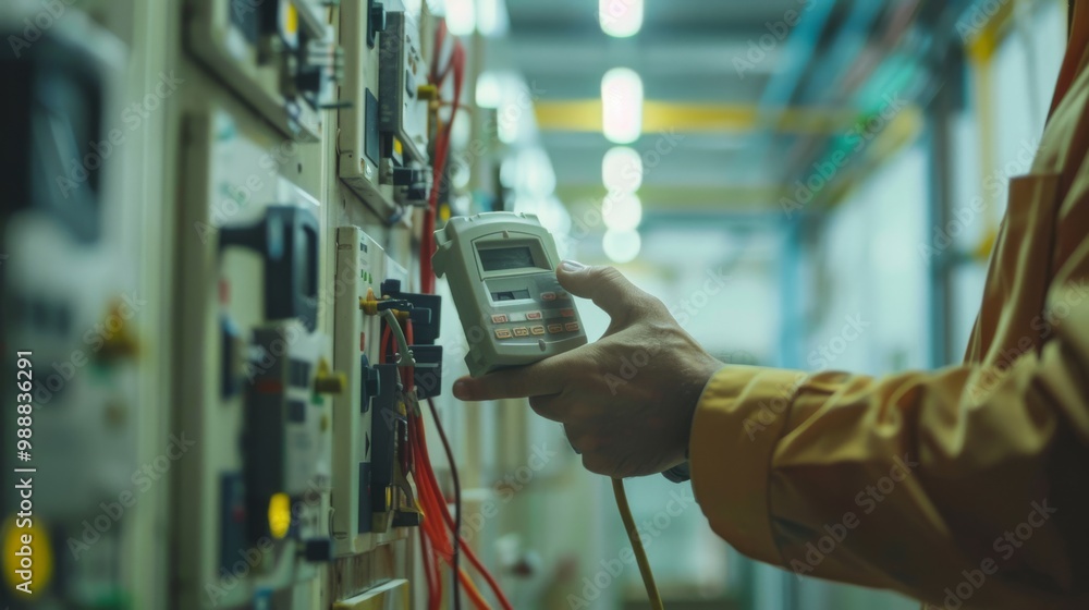 A person uses a handheld device to inspect electric meters in an illuminated control room, emphasizing meticulous work and technology. A person uses a handheld device to inspect electric meters in an illuminated control room, emphasizing meticulous work and technology.
