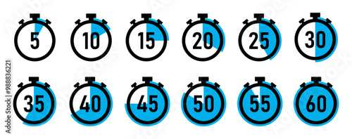 Stopwatch timer countdown clock set with 5 to 60 minutes in blue color on white background. Timer set vector icon collection. 5 minutes timer set. Cooking time vector. Countdown timer symbol set.