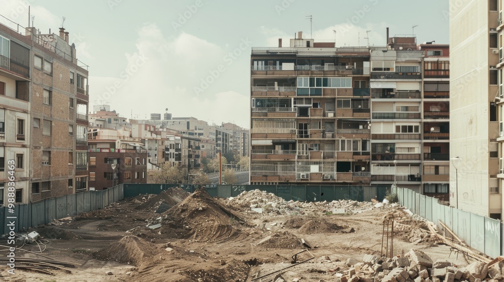 Vacant urban lot cleared for new construction, surrounded by tall apartment buildings with piles of dirt and debris across the area. Vacant urban lot cleared for new construction, surrounded by tall apartment buildings with piles of dirt and debris across the area.