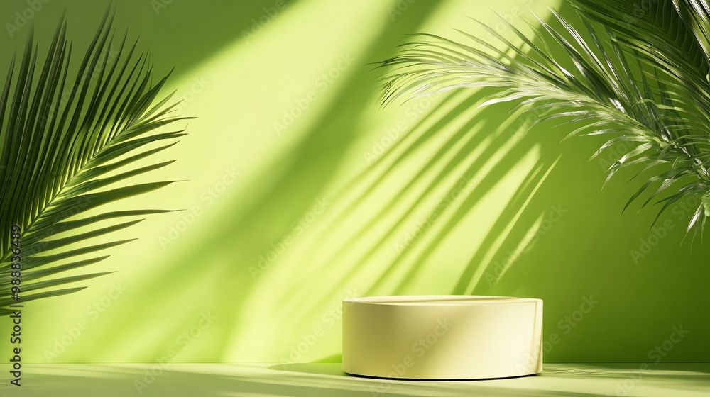 Fototapeta premium A yellow podium against a green background with palm leaves.