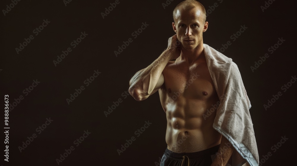 A muscular man with a shaved head holds a towel over his shoulder against a dark background, showcasing his physique. A muscular man with a shaved head holds a towel over his shoulder against a dark background, showcasing his physique.