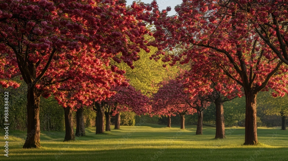 A scenic shot of cherry trees in full bloom, their branches heavy with fruit, creating a vibrant contrast between the deep red cherries and the green leaves. A scenic shot of cherry trees in full bloom, their branches heavy with fruit, creating a vibrant contrast between the deep red cherries and the green leaves.