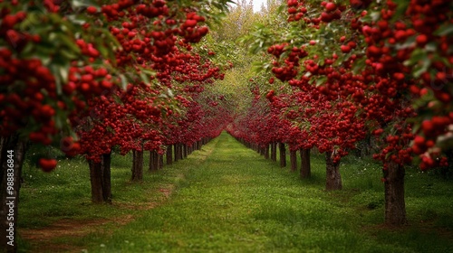 A scenic shot of cherry trees in full bloom, their branches heavy with fruit, creating a vibrant contrast between the deep red cherries and the green leaves.