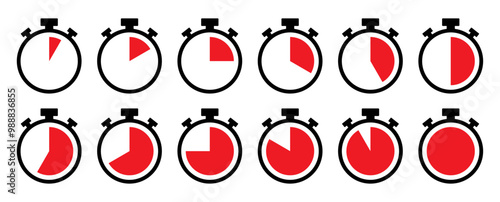 Stopwatch, timer or countdown clock icon set with 5 to 60 minutes in red color. Timer set vector icon collection. 5 minutes timer set. Cooking time vector. Countdown timer symbol set.