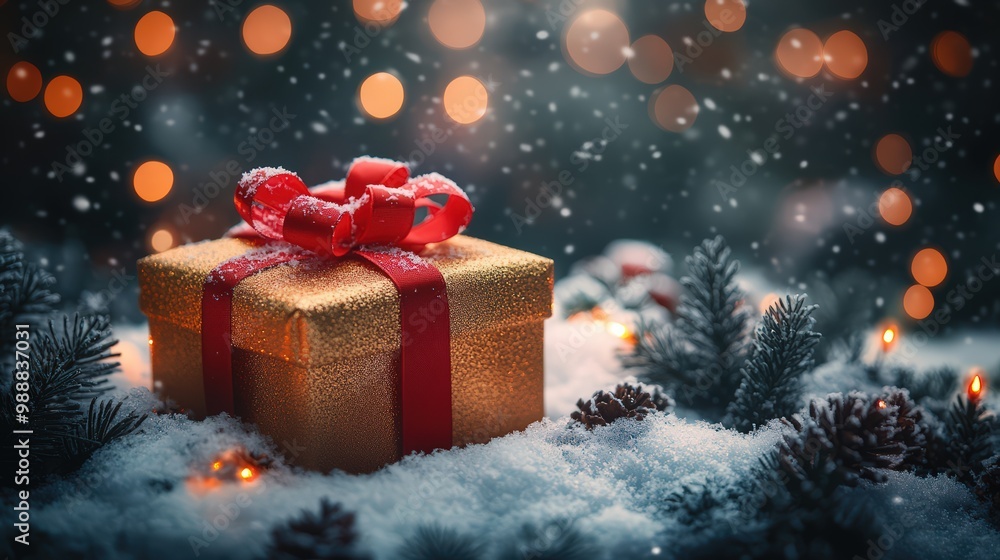 Christmas gift box with red fir branches and pine cones on snow, adorned with Christmas lights Christmas gift box with red fir branches and pine cones on snow, adorned with Christmas lights