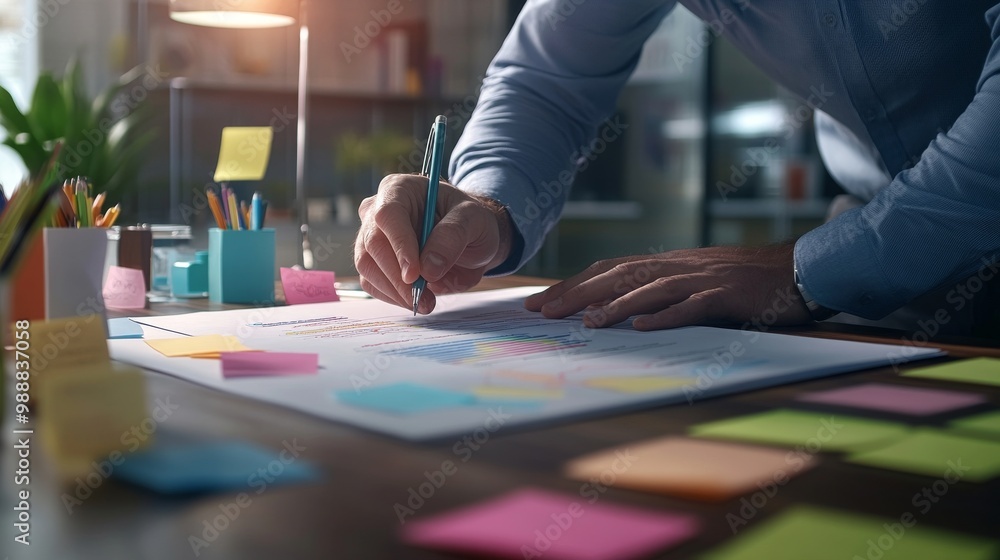 A person is drawing on a large sheet of paper at a desk, surrounded by colorful sticky notes, plants, and a lamp, showcasing a creative workspace. A person is drawing on a large sheet of paper at a desk, surrounded by colorful sticky notes, plants, and a lamp, showcasing a creative workspace.