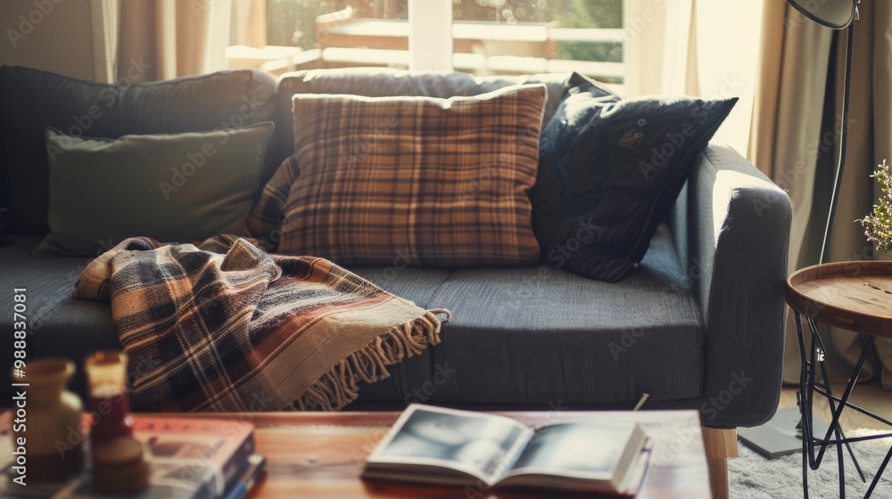 Fototapeta premium Cozy living room scene with a sofa adorned with plaid pillows and a blanket, bathed in soft natural light, inviting relaxation and comfort.