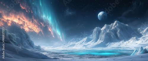 alien ice planet landscape crystalline mountains with bioluminescent veins twin moons casting blue light frozen methane lakes reflecting auroralike sky phenomena photo