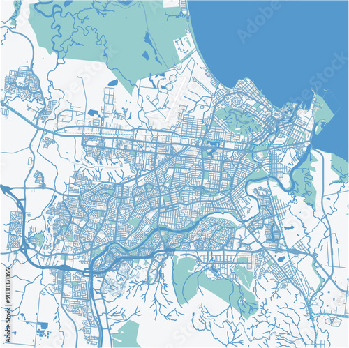 Map of Townsville in Australia in a professional blue style. Contains layered vector with roads water, parks, etc.