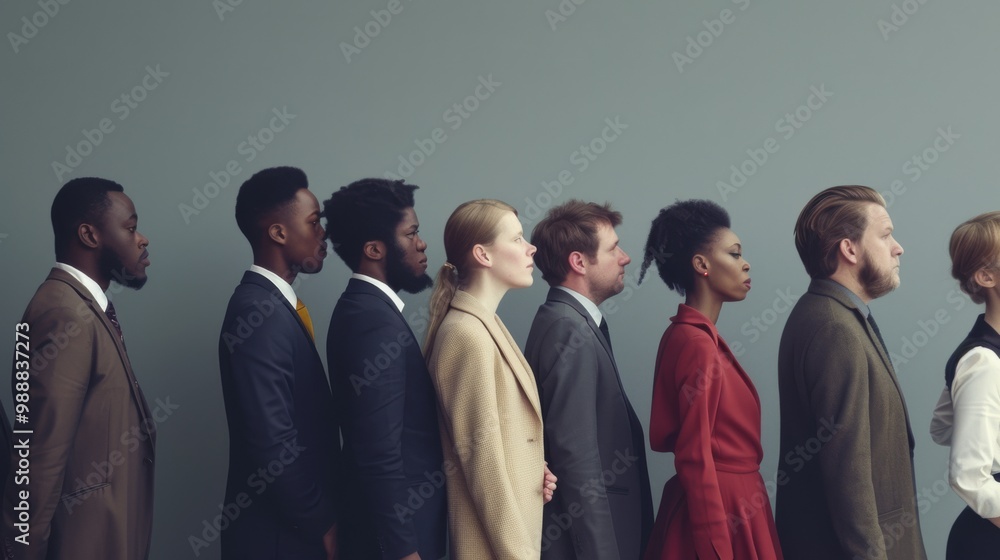 Obraz premium A diverse group of professionals stand in a line against a minimalist background, exuding unity and diversity.