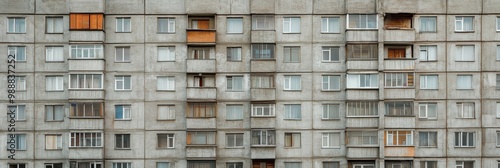 Facade of a Grey Multi-storey Panel building in Russia, Soviet architecture houses