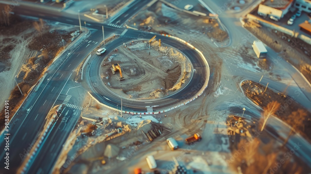 An aerial view of a roundabout under construction, with machinery and vehicles surrounding the site, showcasing urban development in progress. An aerial view of a roundabout under construction, with machinery and vehicles surrounding the site, showcasing urban development in progress.