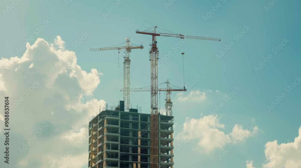 High-rise building under construction with cranes against a bright sky backdrop. High-rise building under construction with cranes against a bright sky backdrop.