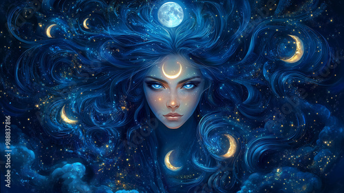 Majestic portrait of a moon priestess with glowing blue eyes and flowing hair, surrounded by celestial lights, evoking mystery and cosmic beauty in a mystical setting.