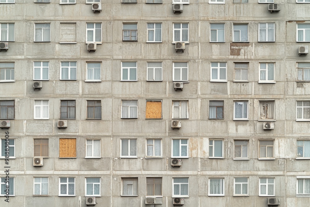 Facade of a Grey Multi-storey Panel building in Russia, Soviet architecture houses Facade of a Grey Multi-storey Panel building in Russia, Soviet architecture houses