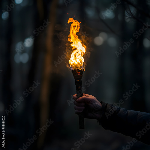 A person holds a flaming torch in a dark forest, illuminating the surroundings with a warm, fiery glow