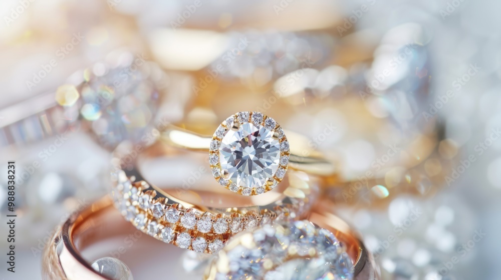 Fototapeta premium Close-up of sparkling diamond rings, beautifully arranged to highlight their brilliance, showcasing luxury and elegance in every facet.