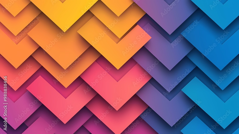 Obraz premium A colorful abstract background with layers of overlapping squares in shades of yellow, orange, pink, purple and blue.