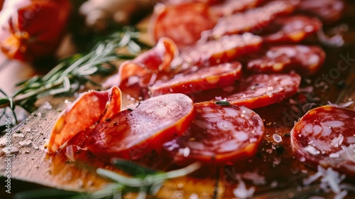 Fototapeta Naklejka Na Ścianę i Meble -  Close-up of thin salami slices sprinkled with coarse salt, nestled on a rustic wooden board, highlighting their rich red color and intricate marbling.