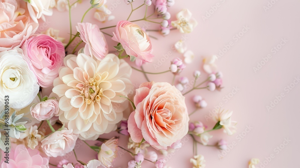A beautiful arrangement of pastel flowers on a soft pink background, perfect for spring or romantic decor. A beautiful arrangement of pastel flowers on a soft pink background, perfect for spring or romantic decor.