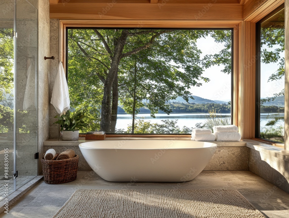 A bathtub with a view of a lake and a window. There are towels on the window sill A bathtub with a view of a lake and a window. There are towels on the window sill