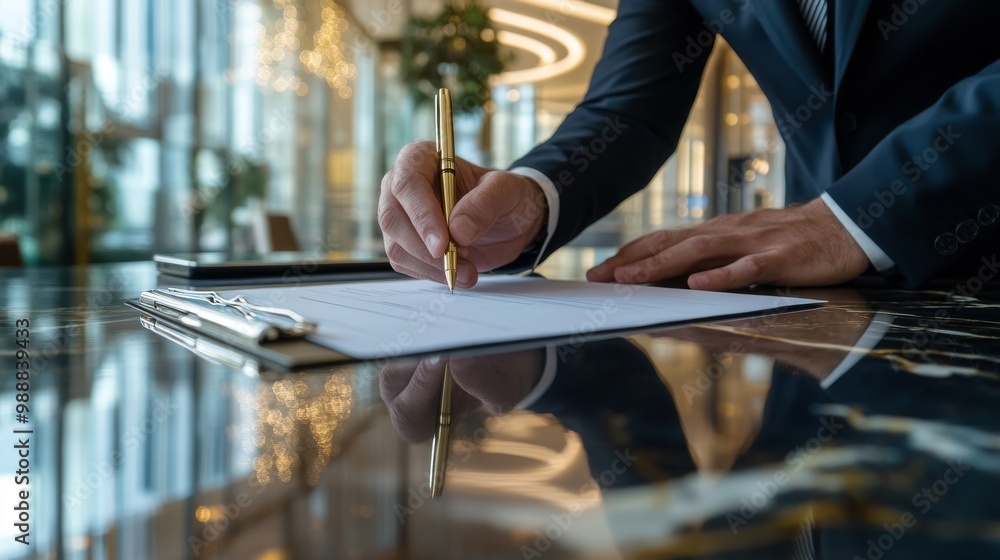 A formal setting where a person in a suit is signing a document on a polished surface, capturing professionalism and business focus. A formal setting where a person in a suit is signing a document on a polished surface, capturing professionalism and business focus.