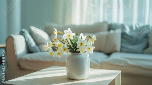 Wallpaper Mural A serene setting with a white daffodil arrangement in a white ceramic vase placed on a light wooden table, sunlight streaming into a cozy living room. Torontodigital.ca