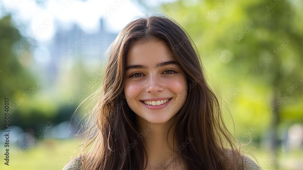 serene portrait of a smiling young woman with long brown hair in an urban park setting with natural beauty and a cityscape background blending modern city life and outdoor greenery serene portrait of a smiling young woman with long brown hair in an urban park setting with natural beauty and a cityscape background blending modern city life and outdoor greenery