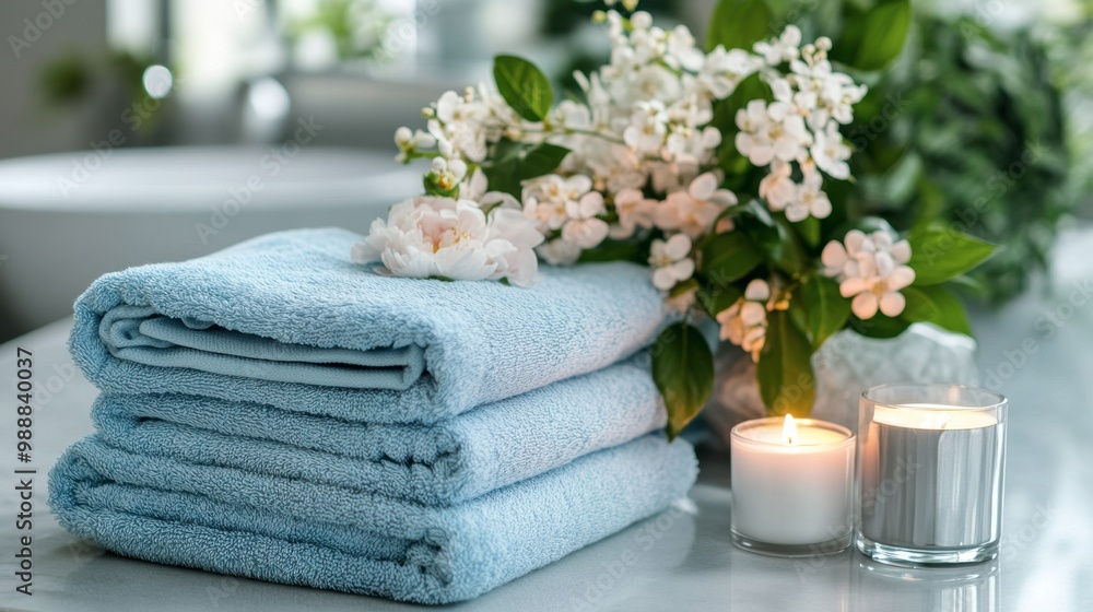 A stack of folded light blue towels on a bathroom counter, next to fresh flowers and a scented candle. A stack of folded light blue towels on a bathroom counter, next to fresh flowers and a scented candle.