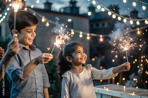 Indian children celebrating Diwali with sparklers. Diwali Indian festival of lights and happines.  photo