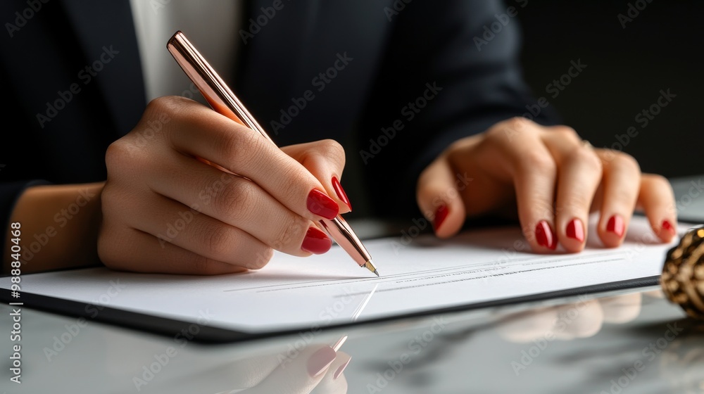 A professional hand writes elegantly on a notepad, showcasing polished nails and a sleek pen, set against a blurred background. A professional hand writes elegantly on a notepad, showcasing polished nails and a sleek pen, set against a blurred background.