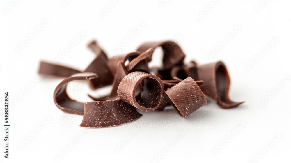 Delicate curls of rich, dark chocolate against a sleek white background, highlighting their intricate texture and smooth gloss. Delicate curls of rich, dark chocolate against a sleek white background, highlighting their intricate texture and smooth gloss.
