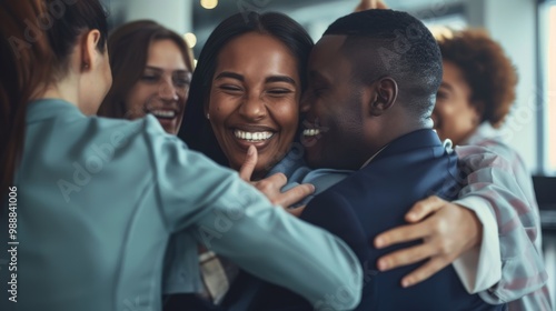 A cheerful group of coworkers in business attire share a heartfelt hug in a modern office setting, signifying a strong team bond.