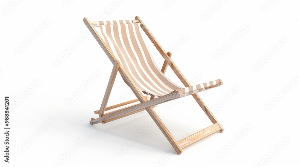 A minimalist approach with a wooden deck chair featuring beige and white stripes on a white background, symbolizing simplicity and relaxation. A minimalist approach with a wooden deck chair featuring beige and white stripes on a white background, symbolizing simplicity and relaxation.