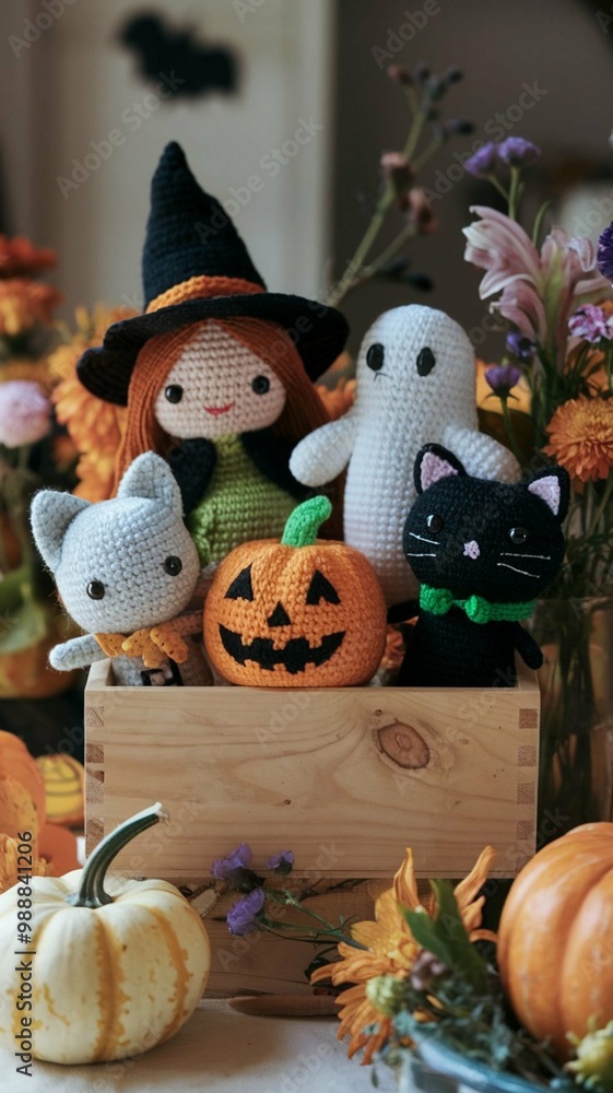 wooden box with Halloween themed amigurumi dolls