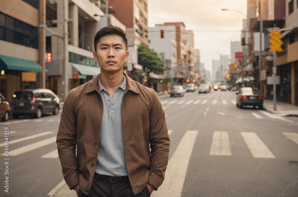 Man in brown jacket standing on city street Man in brown jacket standing on city street