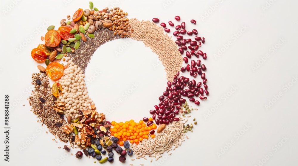 A symphony of seeds, grains, nuts, and fruits arranged in a semi-circle on a white background, showcasing the diversity of wholesome, plant-based foods. A symphony of seeds, grains, nuts, and fruits arranged in a semi-circle on a white background, showcasing the diversity of wholesome, plant-based foods.