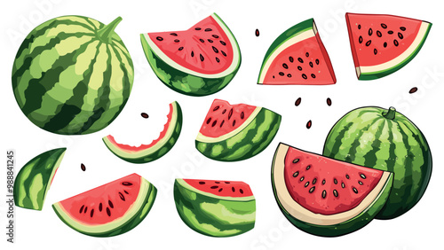 Watermelon set. Triangular slices full fruit pieces halved quarter black seeds green skin. Red juicy flesh of the ripe fruit. Tropical exotic food and drink design elements. Cartoon style isolated