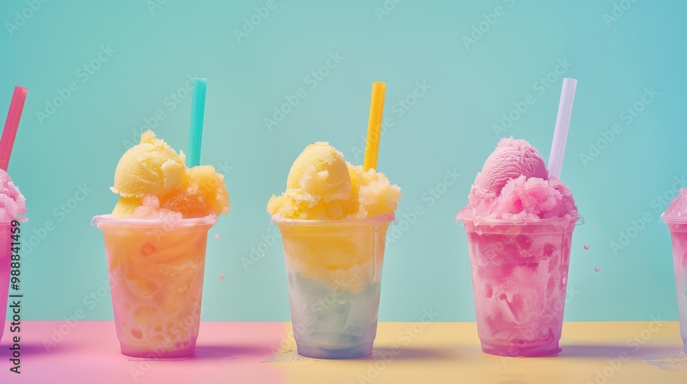 Colorful, icy desserts in a row, each topped with scoops of ice cream and vibrant straws, set against a pastel background. Colorful, icy desserts in a row, each topped with scoops of ice cream and vibrant straws, set against a pastel background.