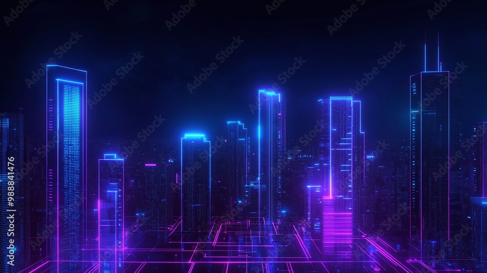 Fototapeta premium Futuristic city skyline with neon lights, dark background.