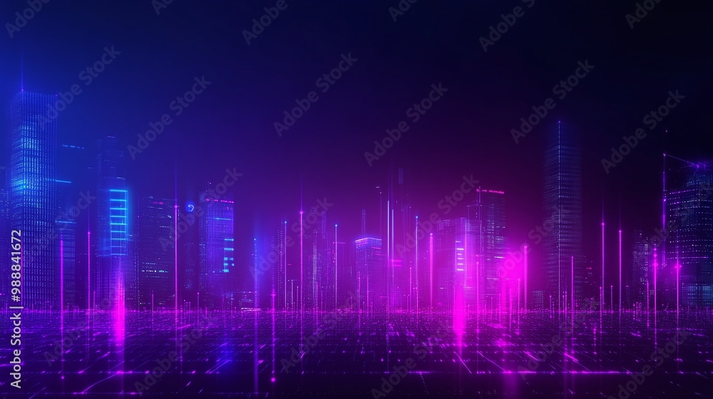 Fototapeta premium Futuristic city skyline with neon lights.