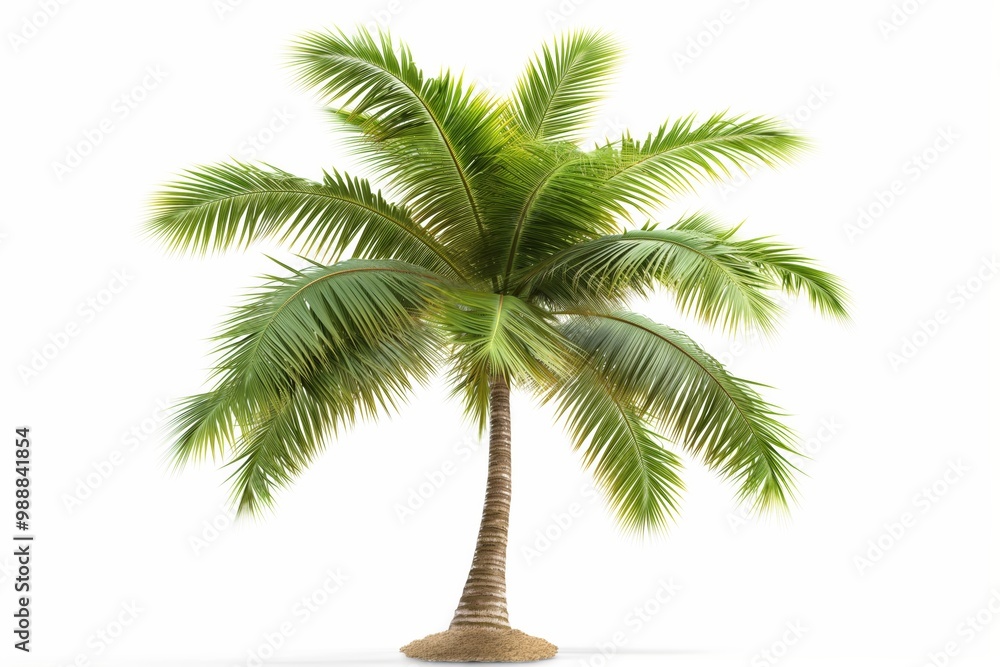 Obraz premium A palm tree is standing tall and alone on a white background. The tree is the main focus of the image, and it is the only object in the scene. The white background creates a sense of emptiness
