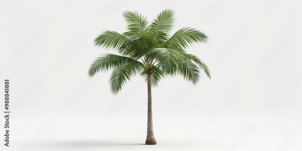 Obraz premium A palm tree is standing alone on a white background. The tree is tall and has a slender trunk. The leaves are green and spread out, giving the tree a sense of life and vitality