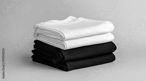 Detailed Mockup of Neatly Folded Black and White T-Shirts for Showcasing Creative Apparel Designs