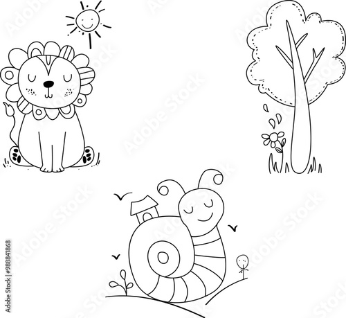 Vector illustration of children's coloring pages. simple linear pictures for a cute children's book. art. beautiful nature and animals, lion, tree, snail