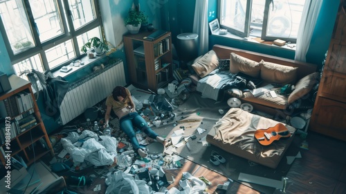 A room in disarray, filled with scattered items and clutter, portraying a chaotic yet lived-in atmosphere that evokes stories of daily life and activity. photo